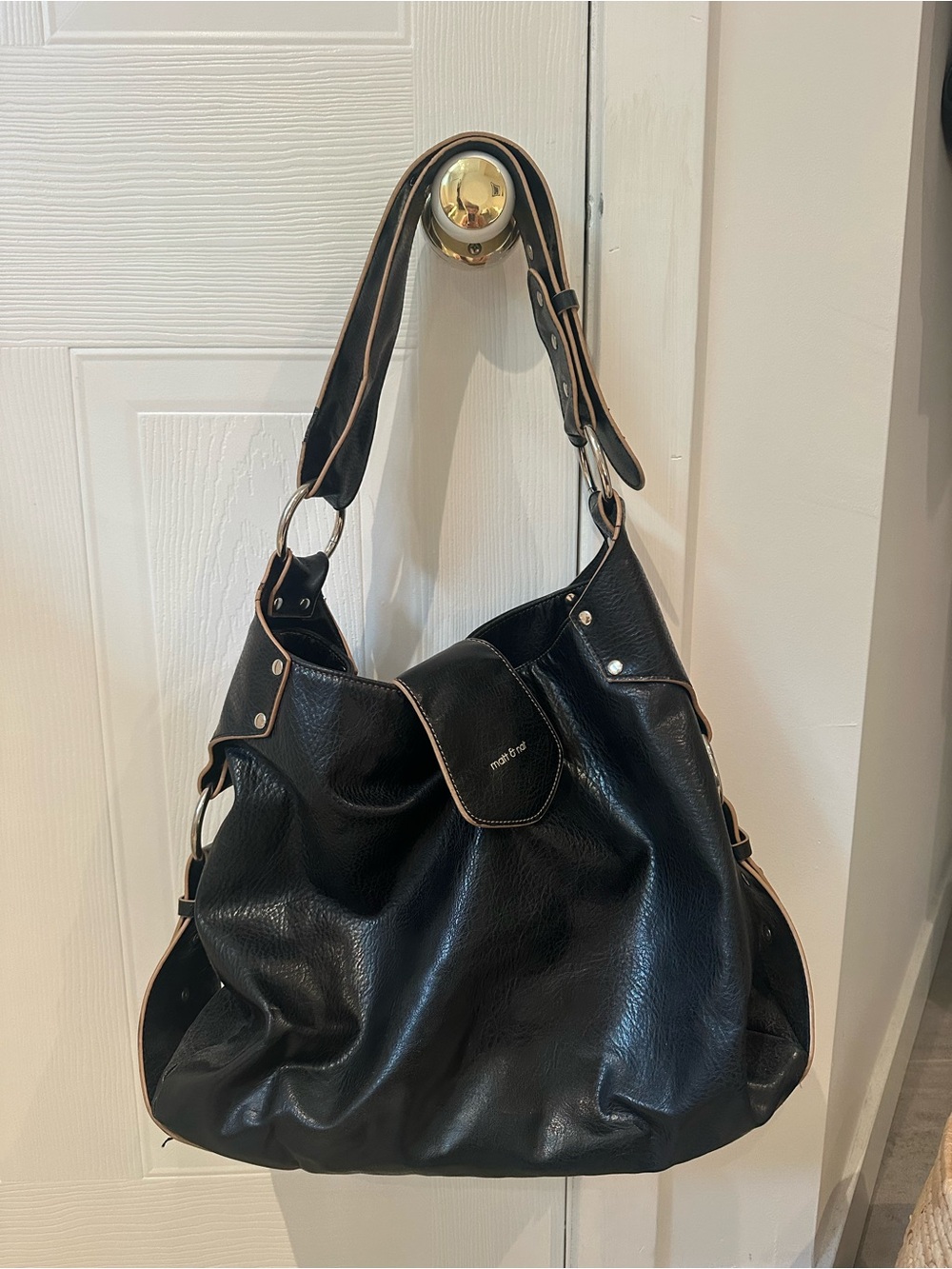 Matt&nat leather vegan Black Shoulder Bag with Tan Trim
